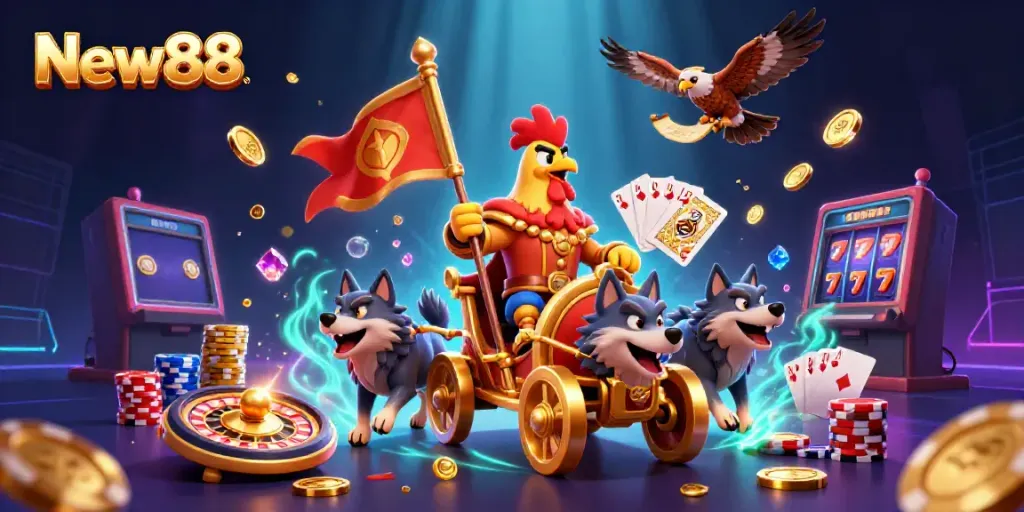 Engage in thrilling gameplay with New88, featuring a warlord rooster amid rich casino elements.