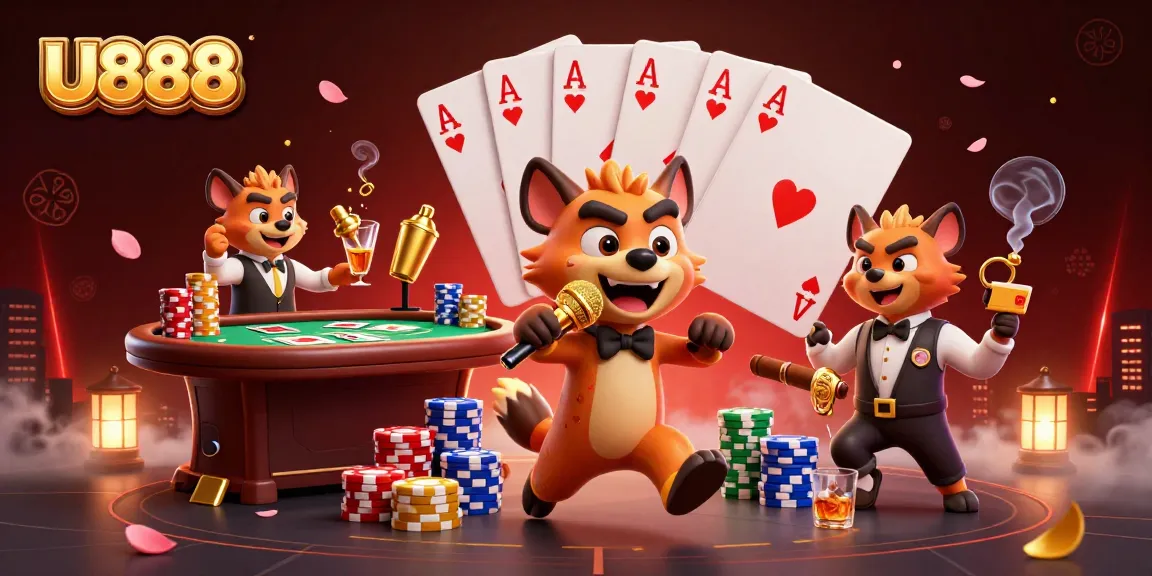 Experience thrilling bets at U888 with lively hyena characters in a vibrant casino scene.