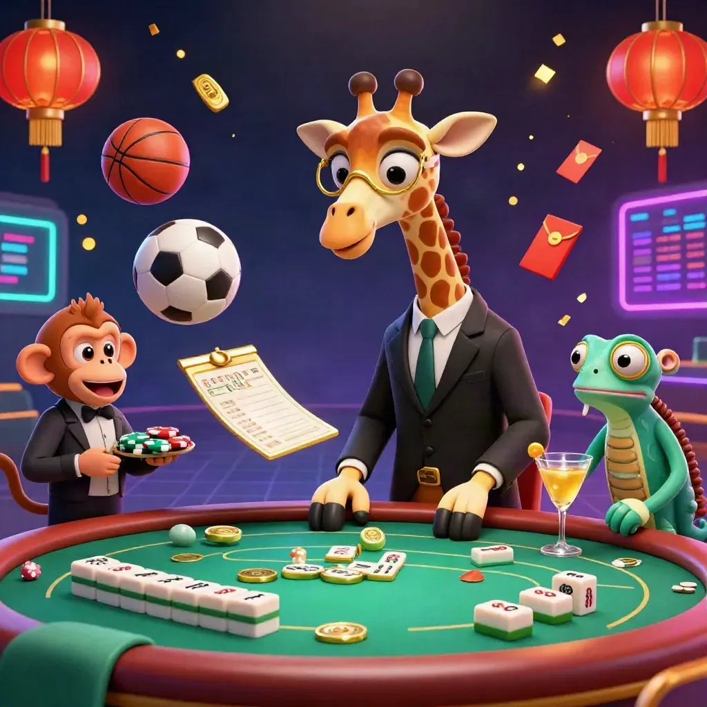 Giraffe, Affe und Chamäleon am VIP-Pokertisch, umgeben von Bällen, Gold und Casino-Glanz.