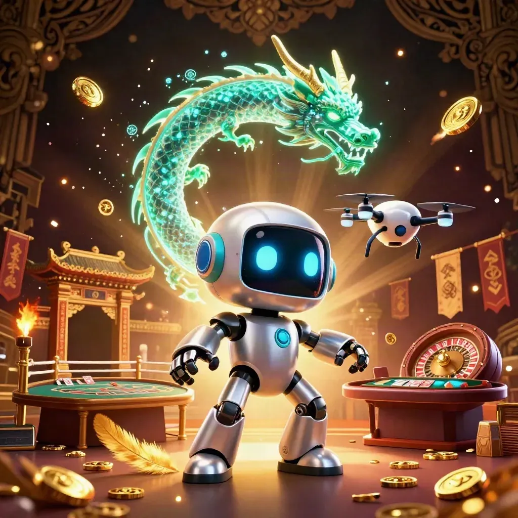 Cyberpunk-Roboter, Hologramm-Drache und Coin-Drohne in grüner Casino-Action mit Goldglanz