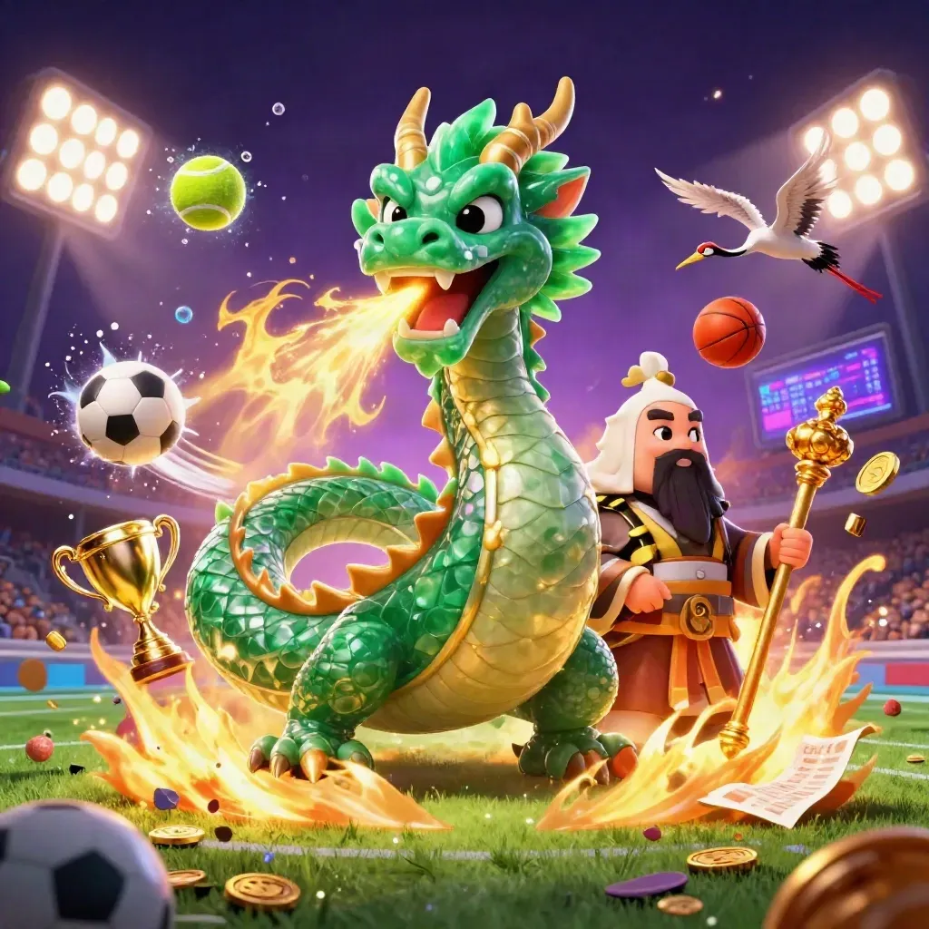Jade-Drache, Schildkröte und Kraniche im Tennis-Sturm mit Gold, Bällen und Licht.