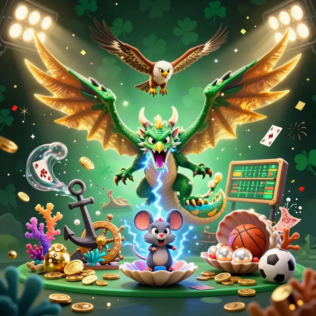 3D-Drache, Windfalke und Donnermaus über Goldmünzen, Korallen und Bällen im Casino-Look.