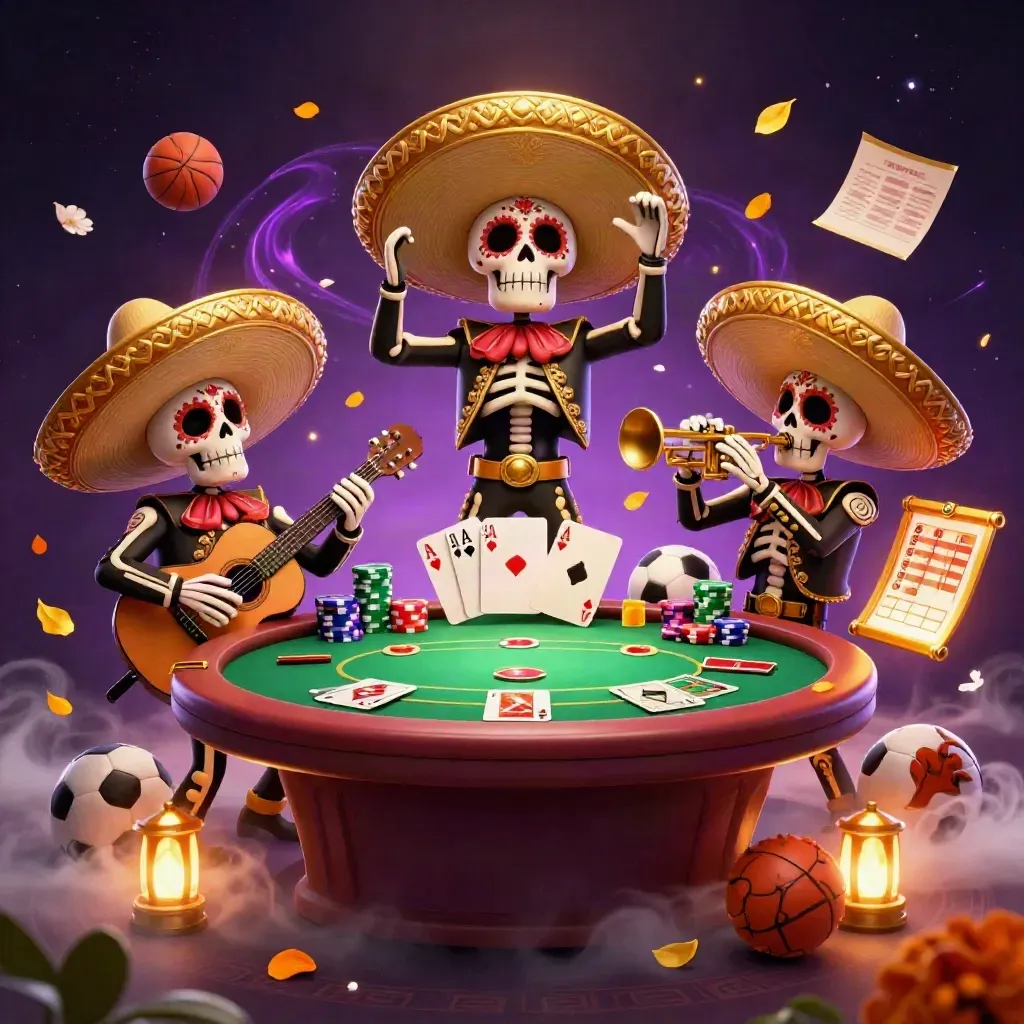 Dia de los Muertos-Skelettband mit Pokerchips, Karten und Sportbällen in luxuriösem Casino-Look