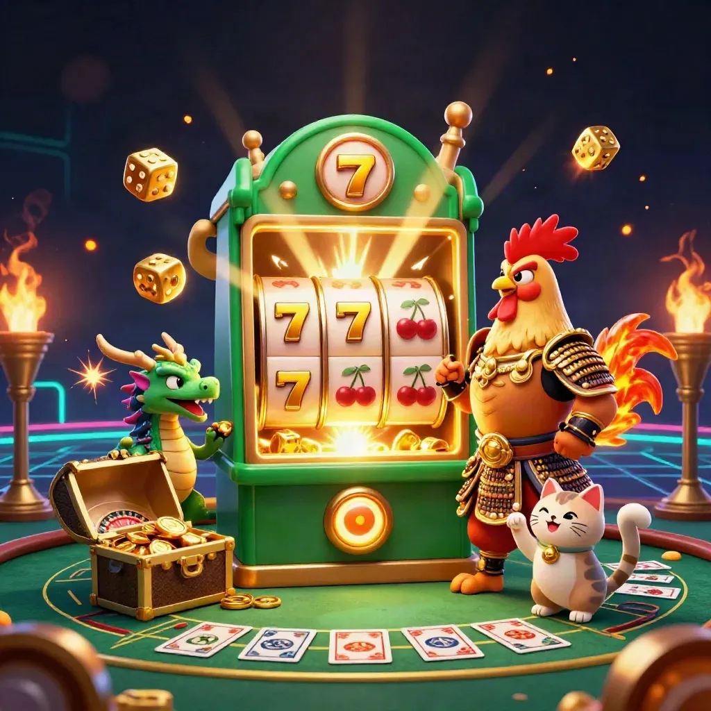 Samurai-Hahn, Drachenbaby und Glückskatze vor luxuriösem Neon-Casino.