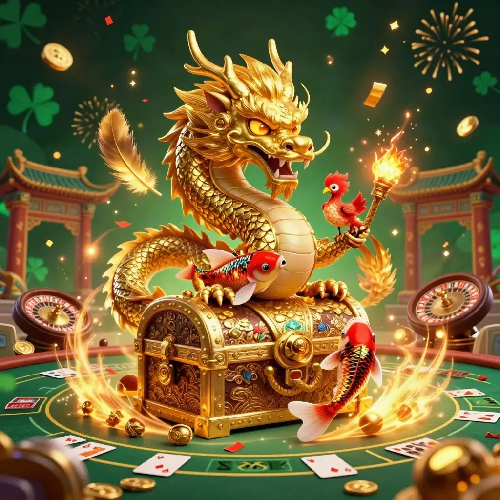 Goldener Drache mit Phönix und Koi im smaragdgrünen Casino-Licht