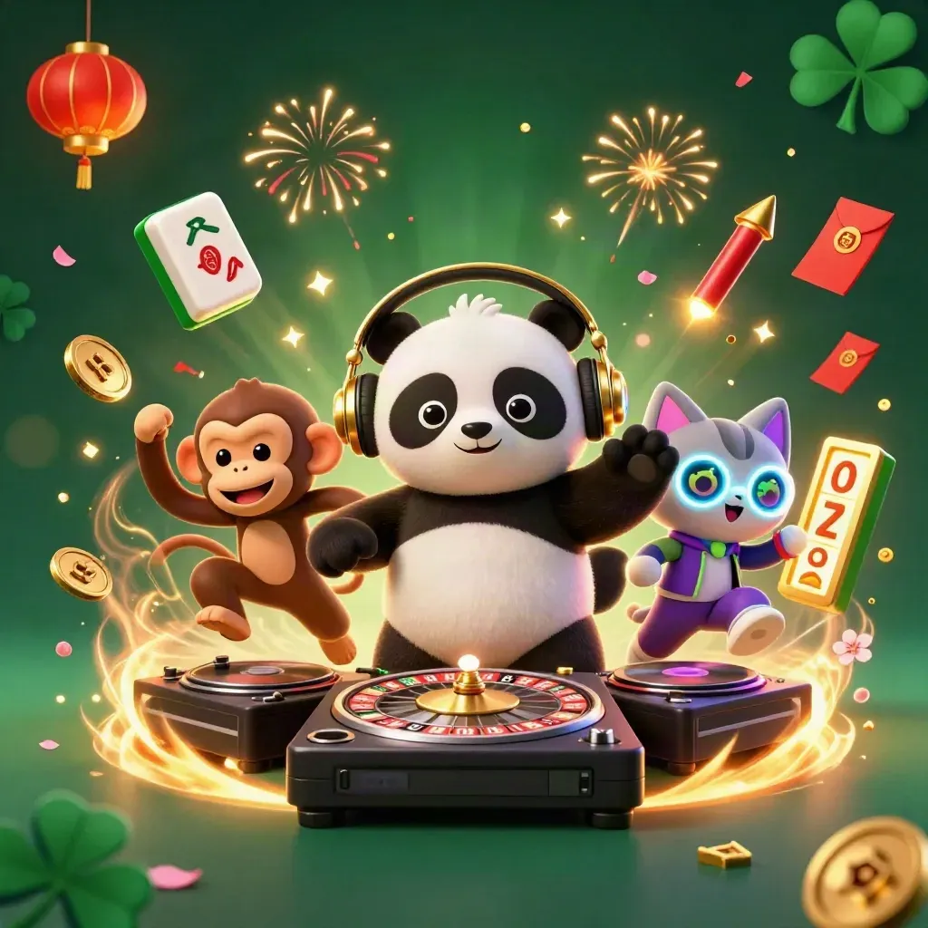 DJ-Panda, tanzender Affe und Leuchtkätzchen vor funkelndem Casino-Hintergrund