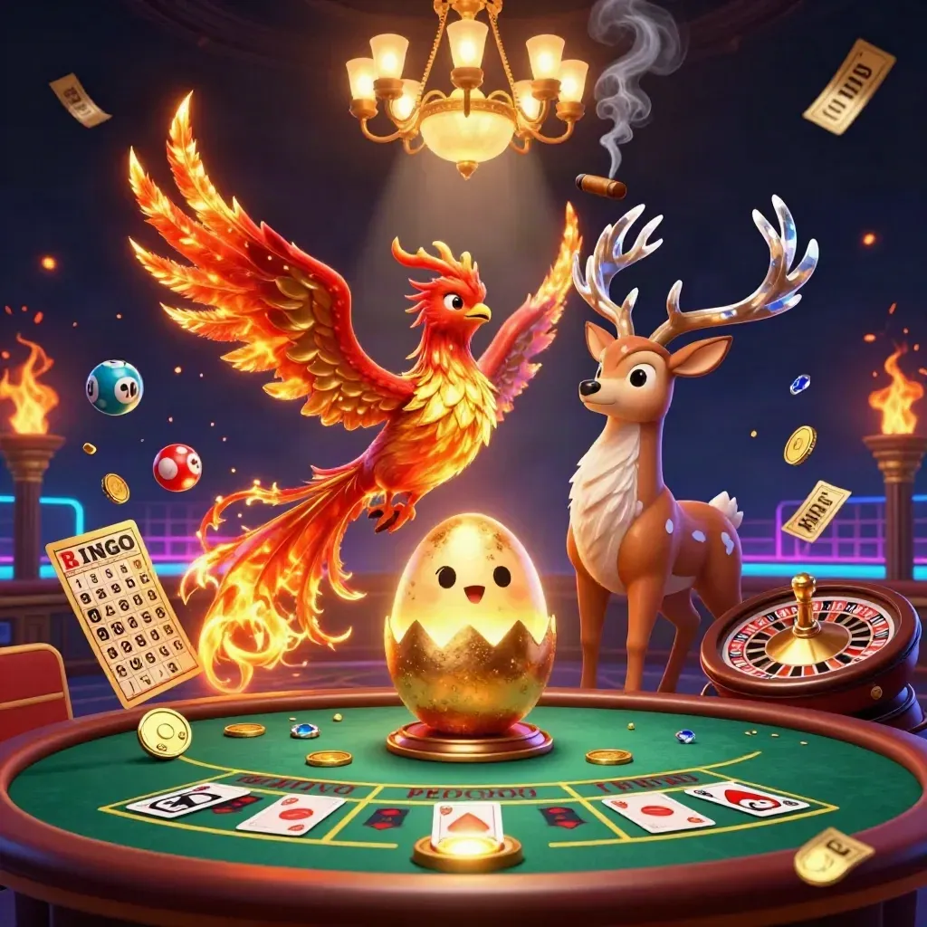 Phönix, Hirsch und Casino-Elemente in goldgrünem Luxuslicht