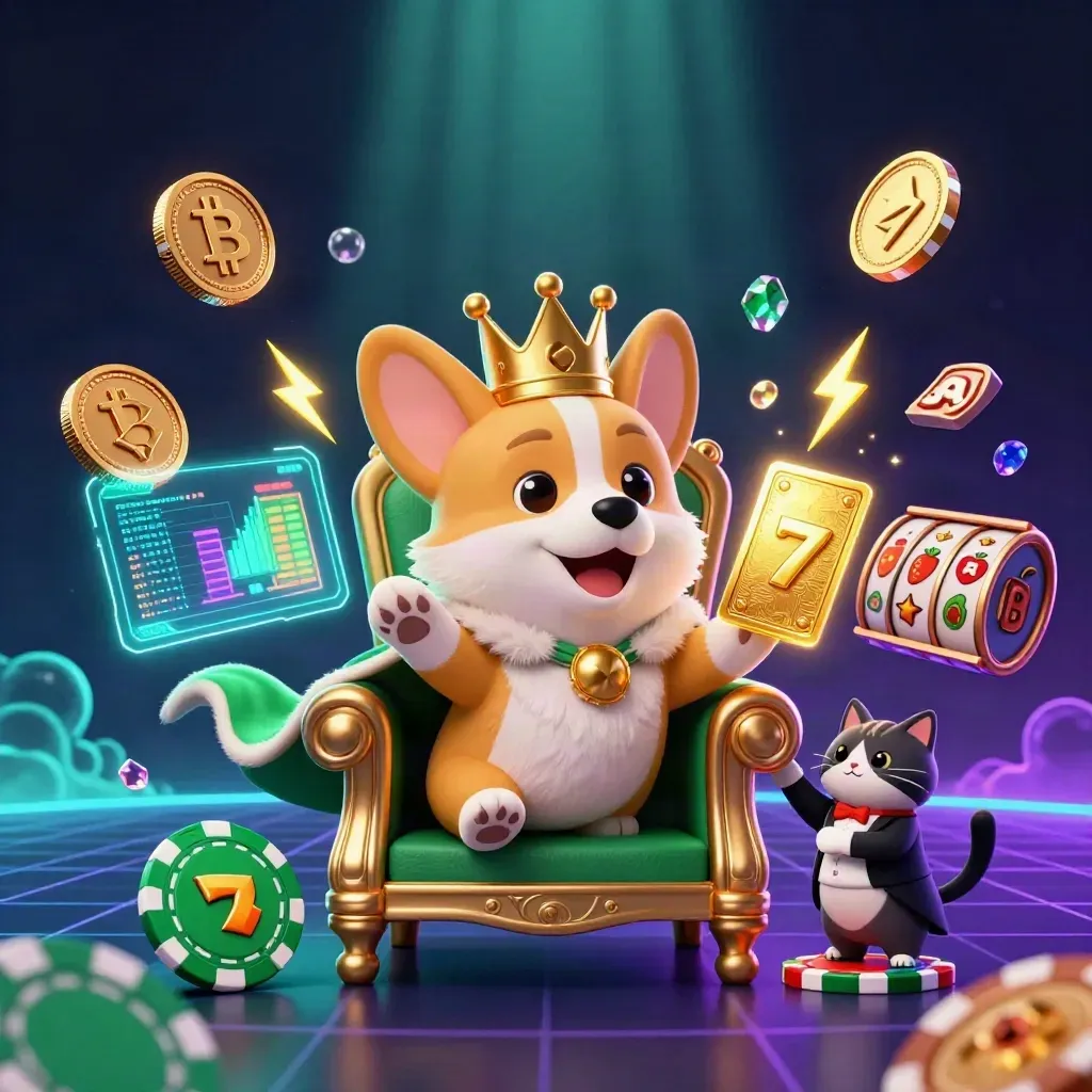 3D-Corgi mit Krone und Katzendiener, Krypto-Coins und Neonblitzen im Casino-Look.