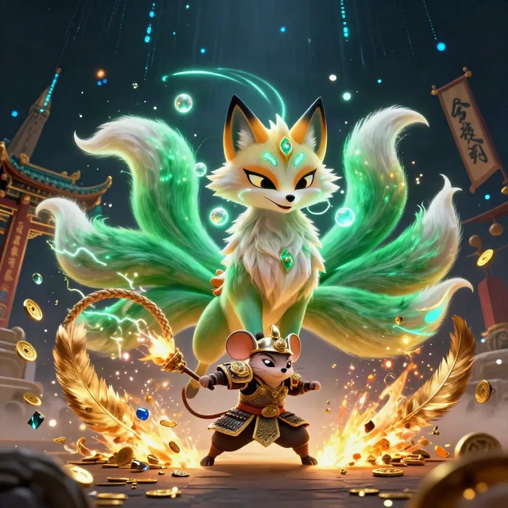 Neunschwänziger Fuchsgeist und Samurai-Maus vor Tempeltor, Gold und Neonfunken wirbeln.