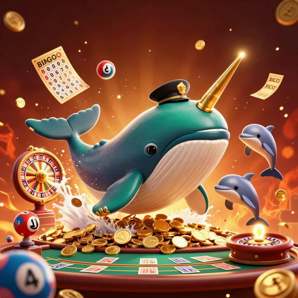 Goldenes Casino-Key-Art mit Wal-Kapitän, Narwal, Delfinen und Münzregen.