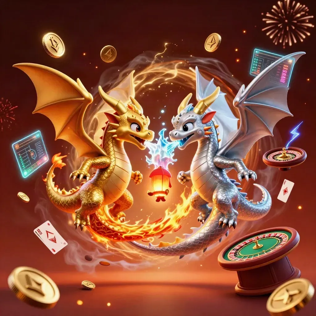 Zwei Drachen, Gold und Silber, umkreisen sich mit Feuer und Eis, Münzen und Funken fliegen.