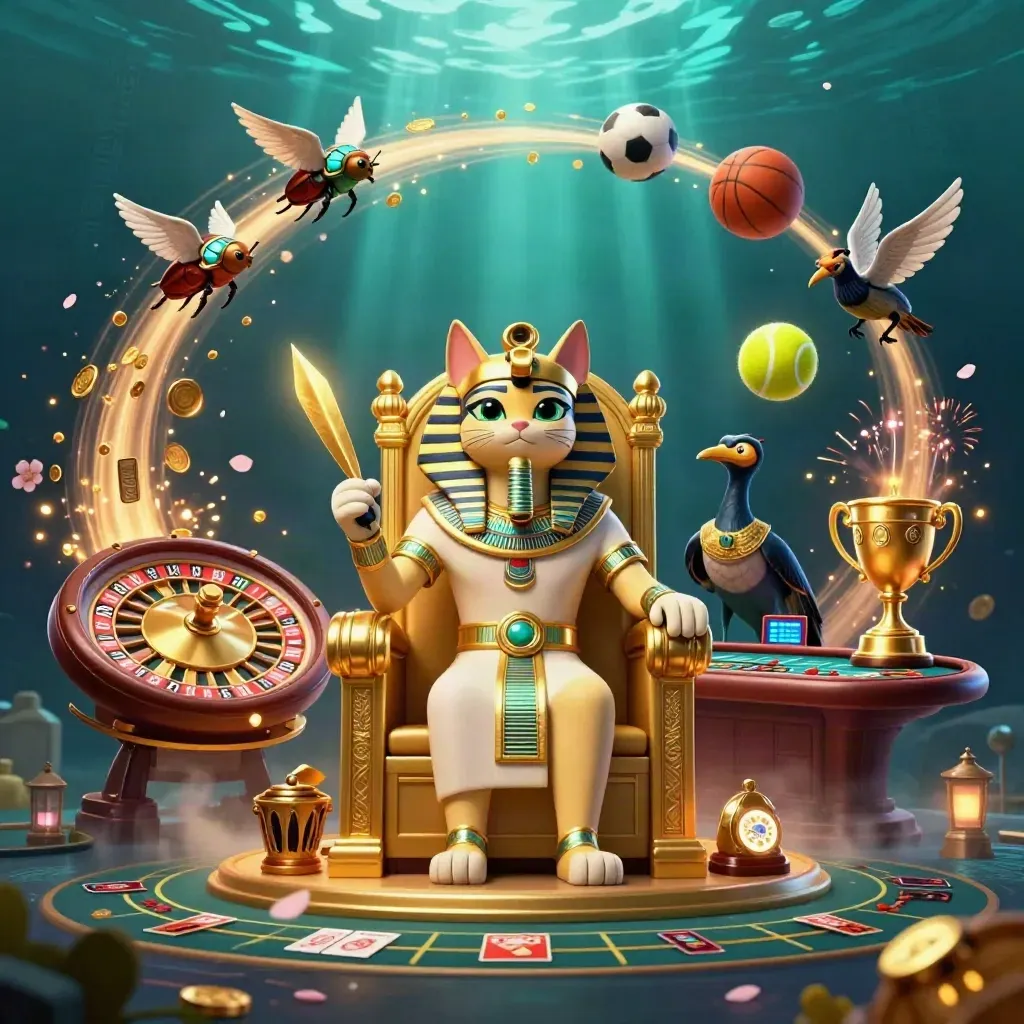 Pharao-Katze auf goldenem Thron, Geldregen, Roulette und Sportbälle im Luxus-Casino