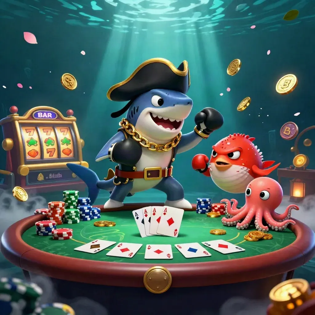 Drei Cartoon-Meeresfiguren beim Casino-Glück, umgeben von Chips, Karten und Goldmünzen.