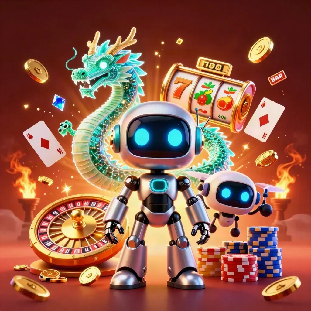 Cyberpunk-Roboter, Hologramm-Drache und Münzdrohne vor glühendem Casino-Hintergrund.