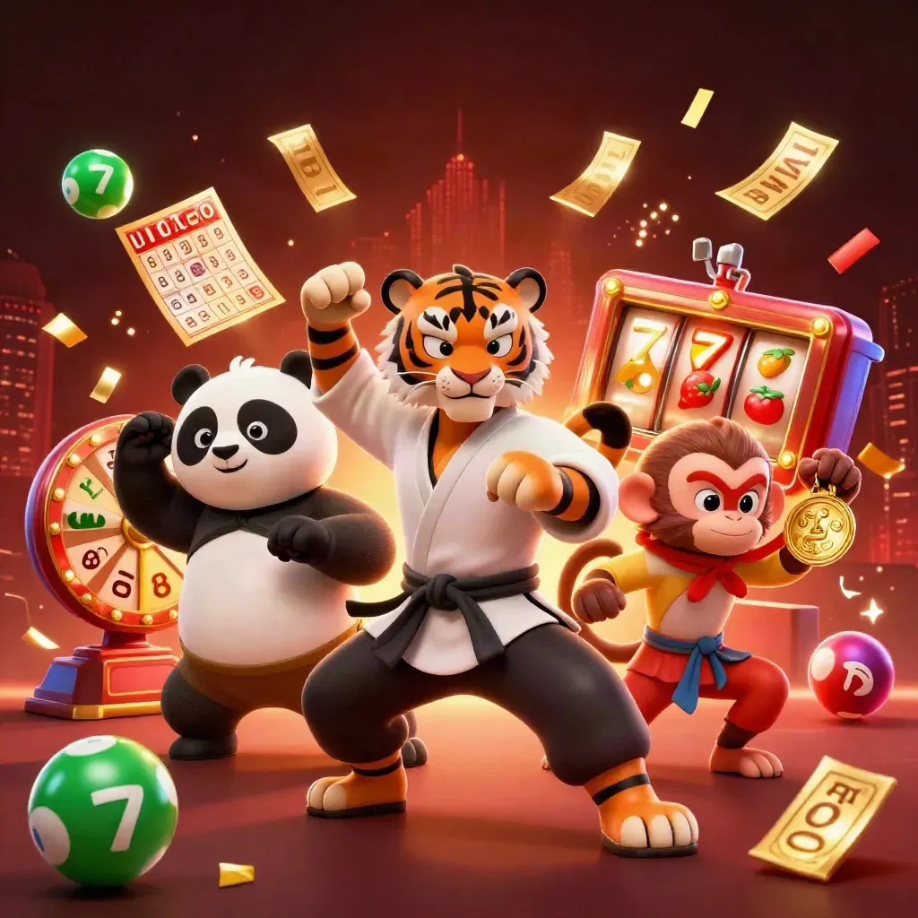 Tigermeister, Panda und Affe im Casino-Kung-Fu, umgeben von Gold, Walzen und Spielchips.