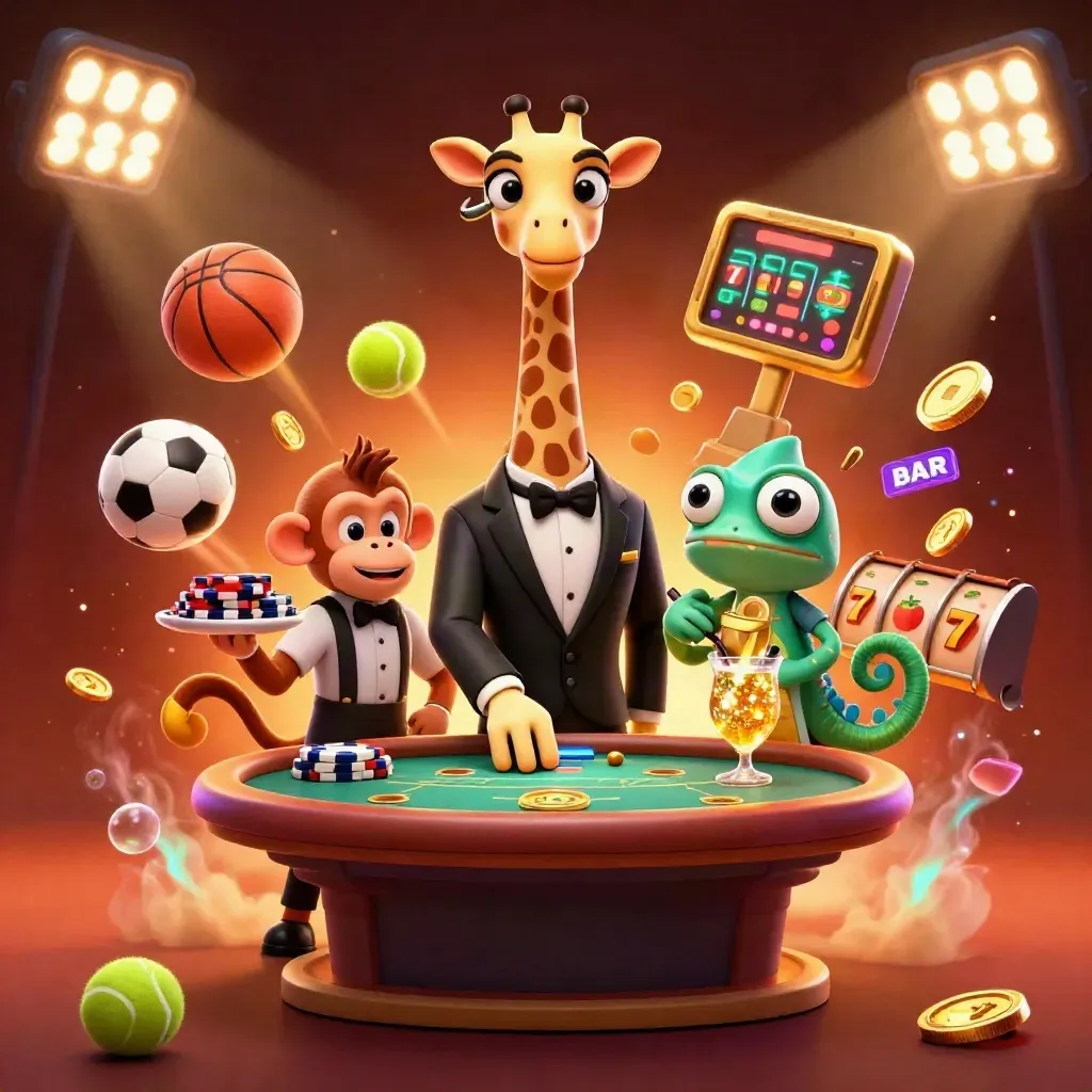 Giraffe, Affe und Chamäleon an einem VIP-Pokertisch mit Goldmünzen und Slot-Reels im Neonlicht