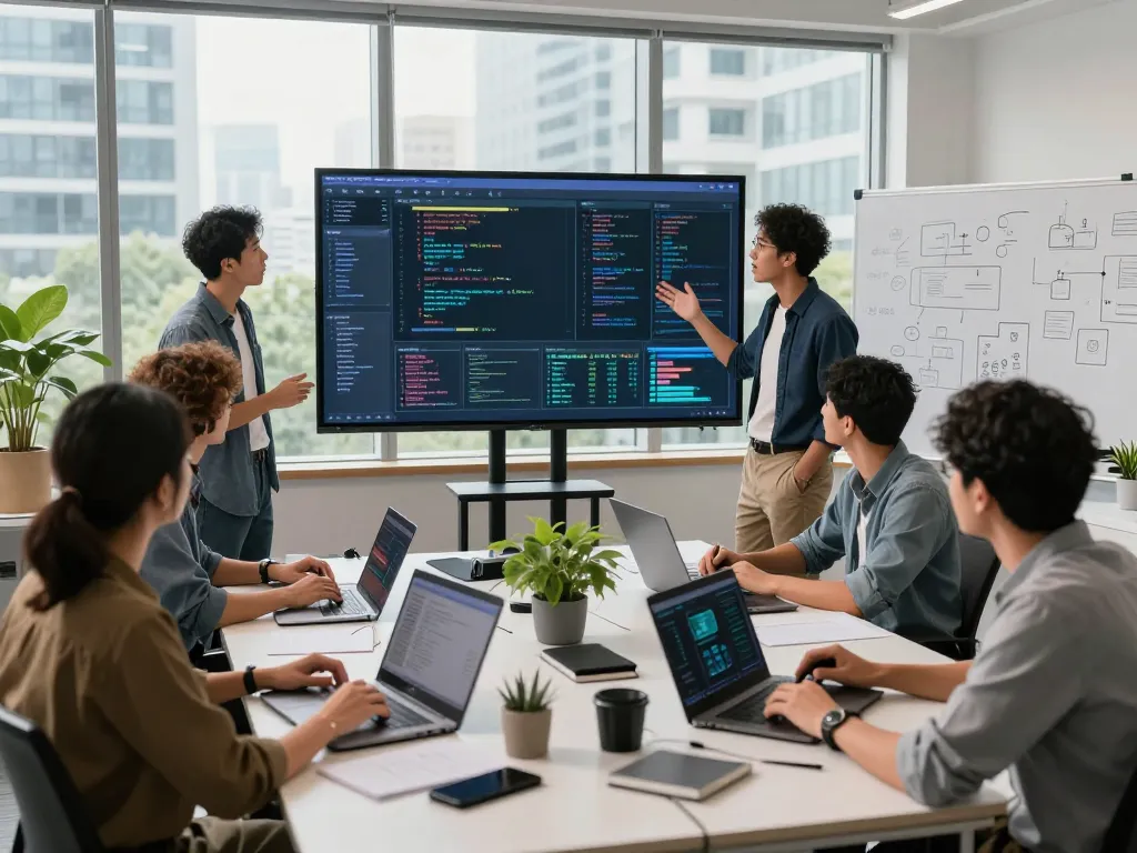 Dynamic innovative tech workspace at 7mvna.com showcasing software development collaboration