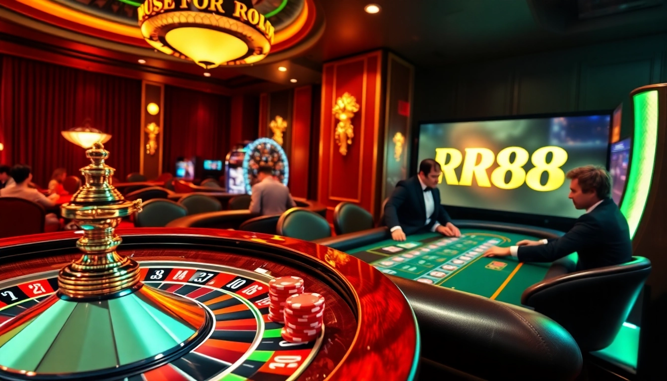 Play exciting games at RR88, with vibrant roulette wheels and elegant poker setups.