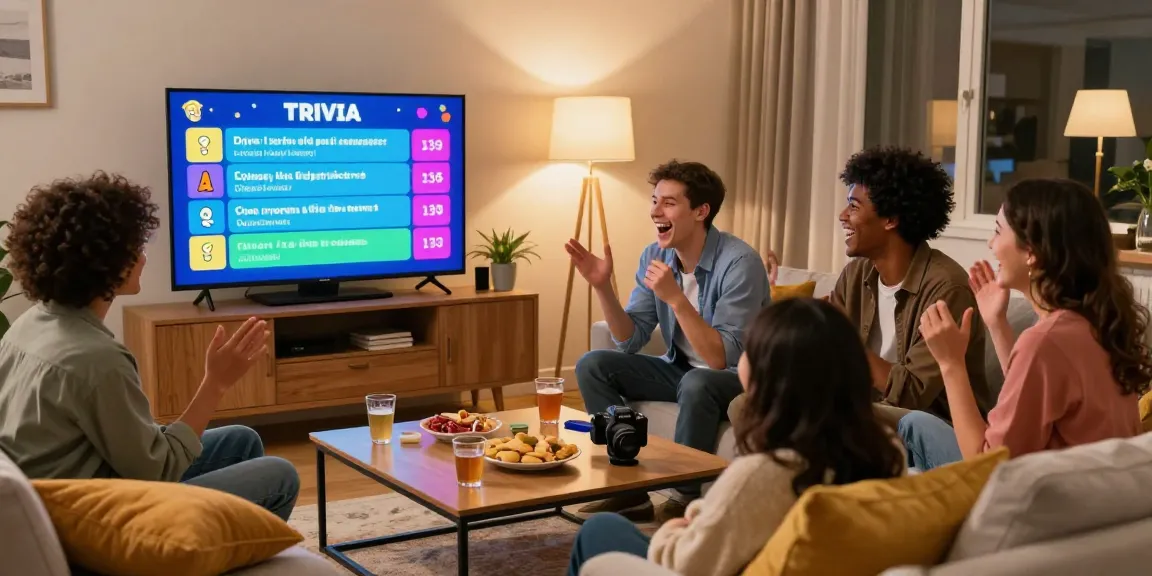Quiz Allgemeinwissen in einer gemütlichen Runde mit Freunden, die Fragen diskutieren und Antworten geben.