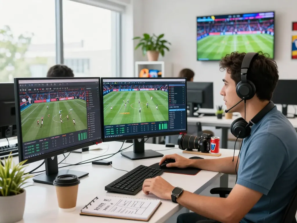 Sports analyst engaging with real-time data on thscrore.com in a vibrant office with multiple screens and energetic atmosphere.