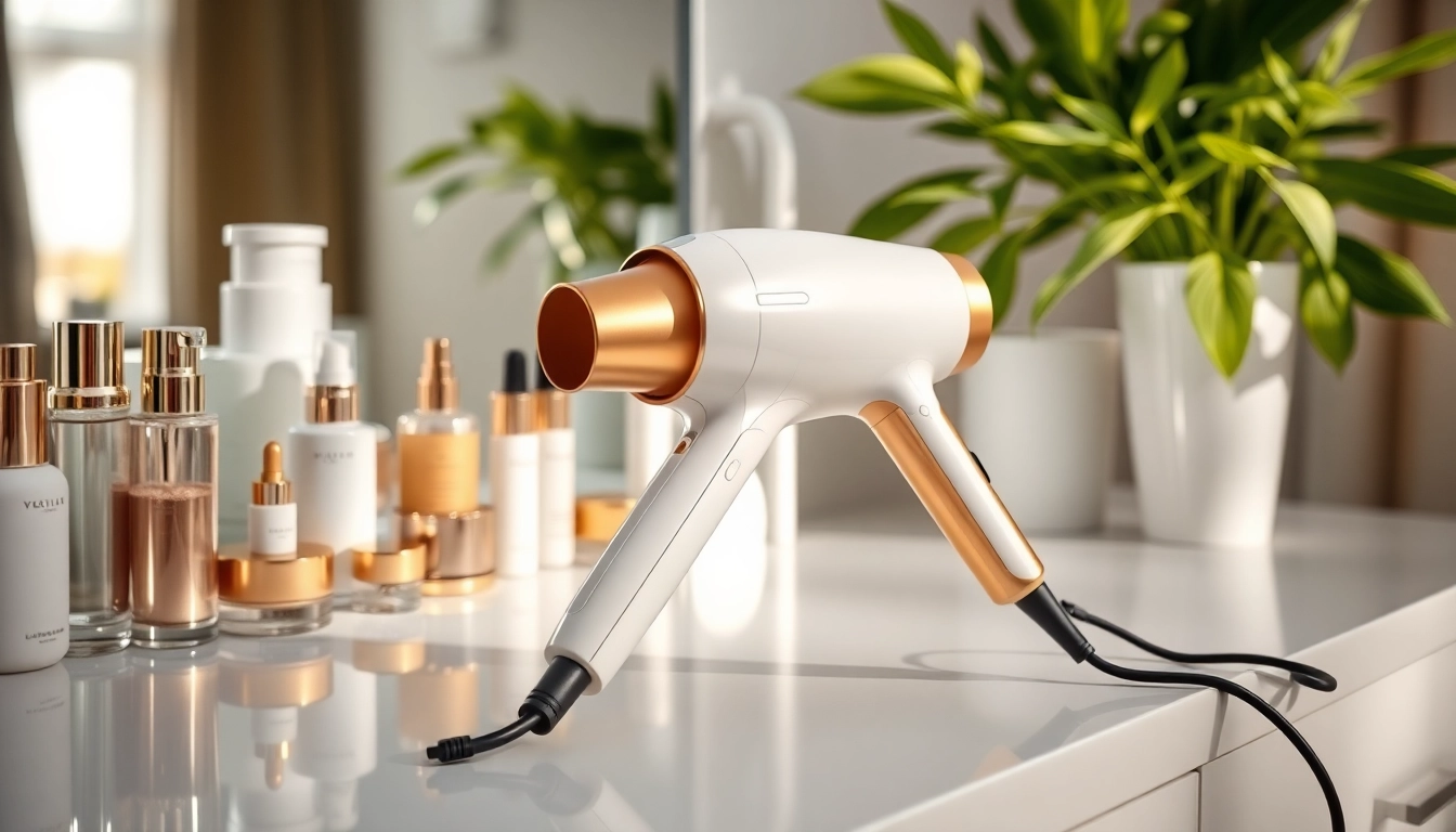 Laifen swift Haartrockner auf einem eleganten Schminktisch, umgeben von Pflegeprodukten.