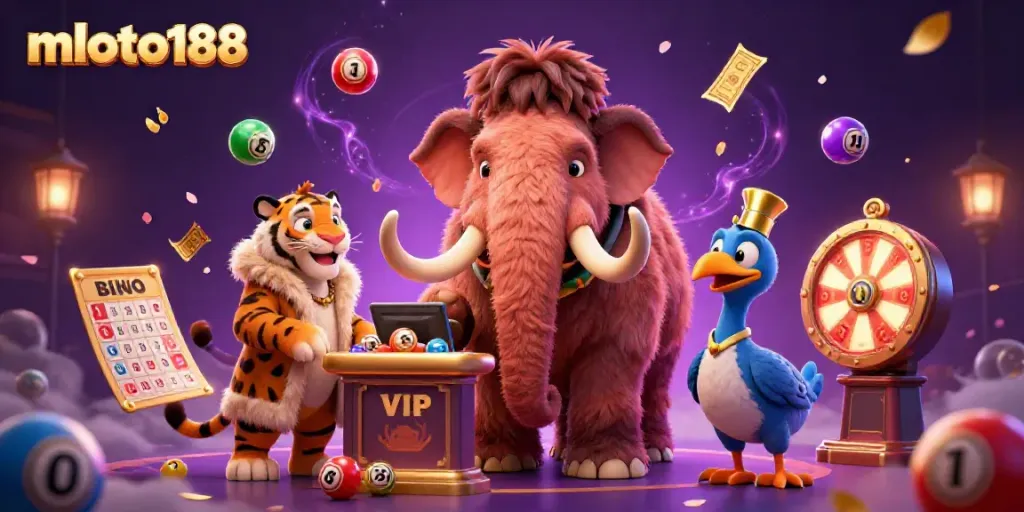 Experience the excitement of mloto188 with a vibrant casino scene featuring a bouncer and VIP guests among colorful lottery elements.