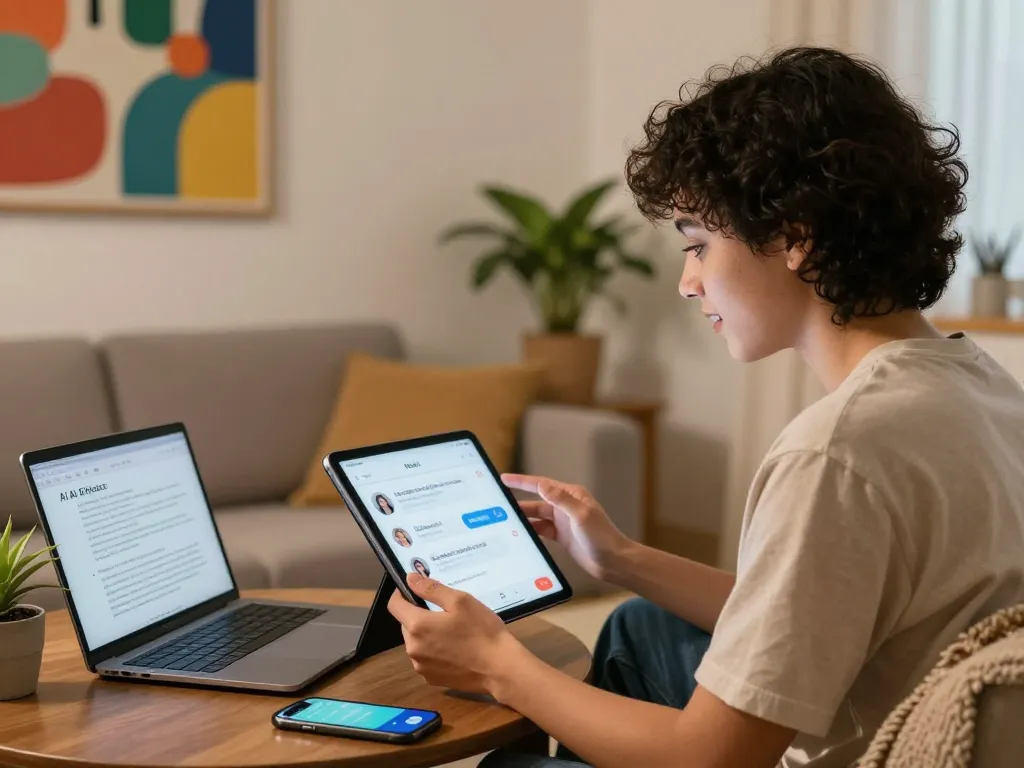 Engaging in a sex AI chat on a tablet, highlighting modern digital interactions in a cozy setting.