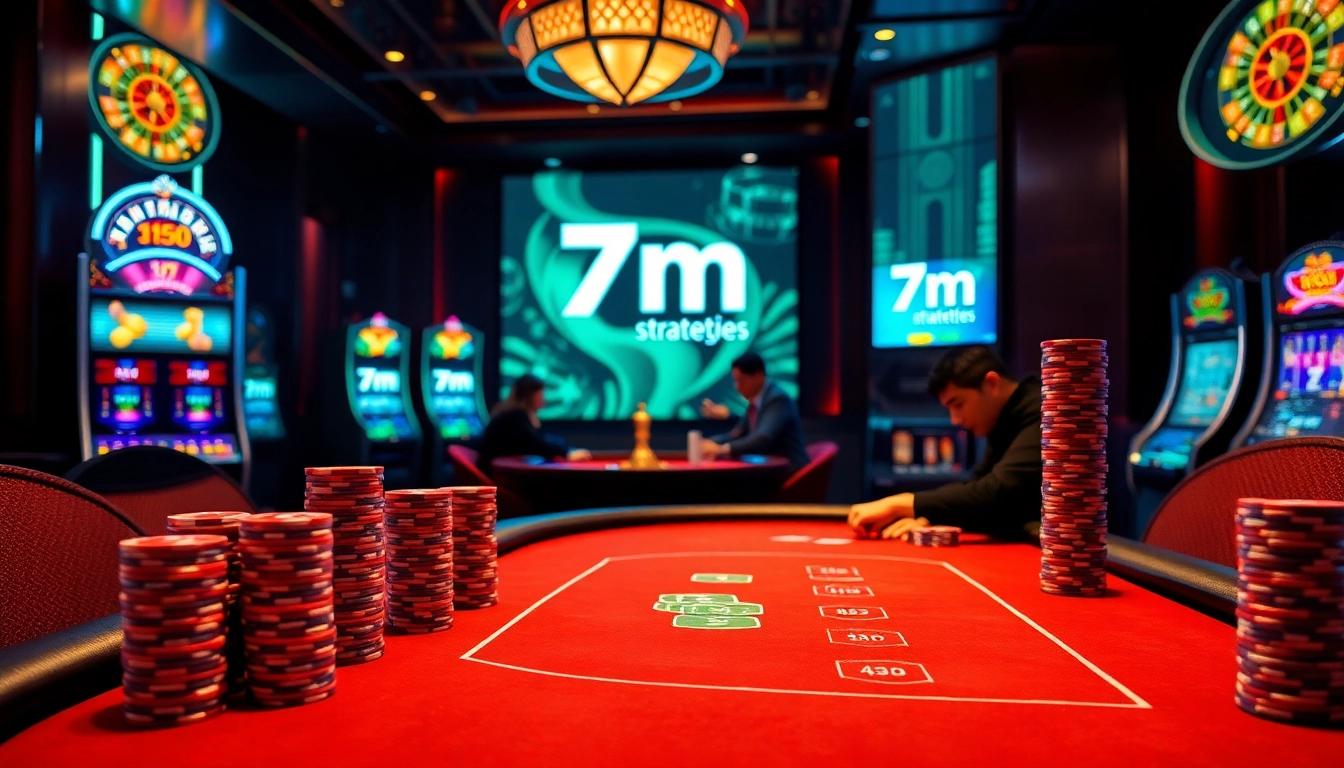 Experience the thrill of 7m strategies at a luxury poker table in a vibrant casino environment.