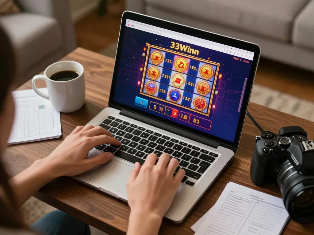 Engaging in online gaming on 33winn with a cozy home setup, showcasing exciting slot graphics and strategic play.