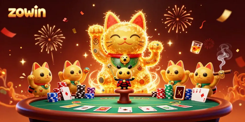 Engage with Zowin's vibrantly illustrated casino scene, featuring lucky cat motifs and poker dynamics.