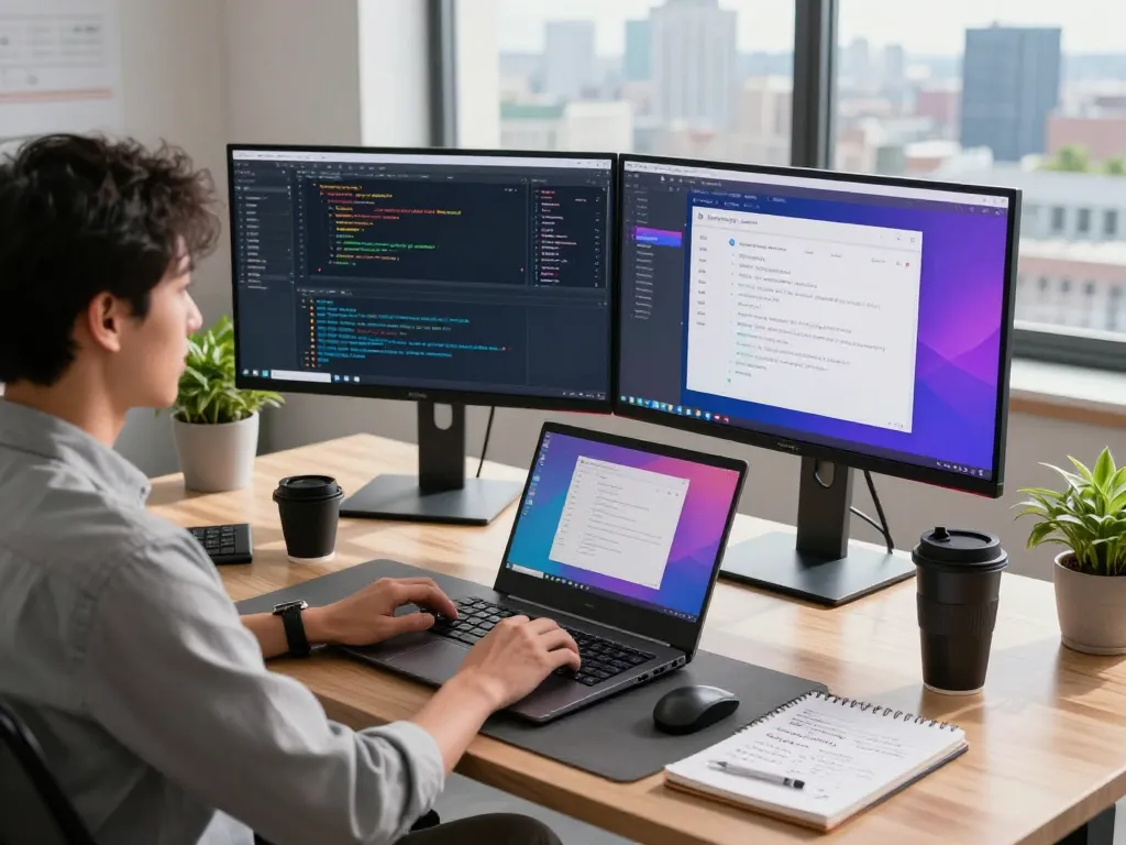 Developer using thscrore.app in a modern workspace with dual monitors and vibrant code, showcasing tech innovation.