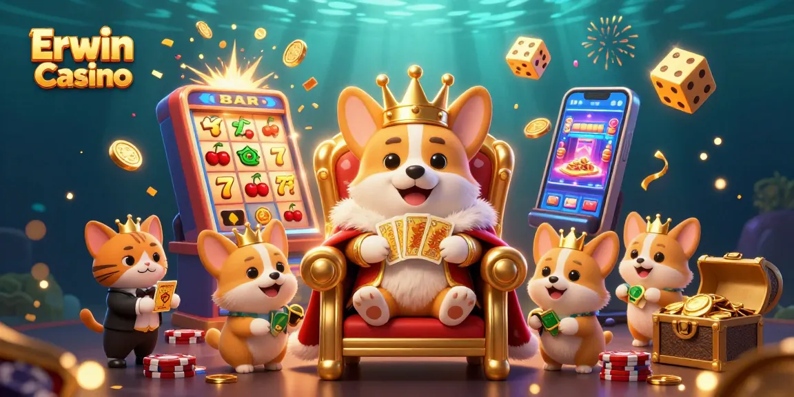 Erwin Casino bietet eine farbenfrohe 3D-Darstellung mit königlichem Corgi und Spielsymbolen in einem dynamischen Casino-Ambiente.