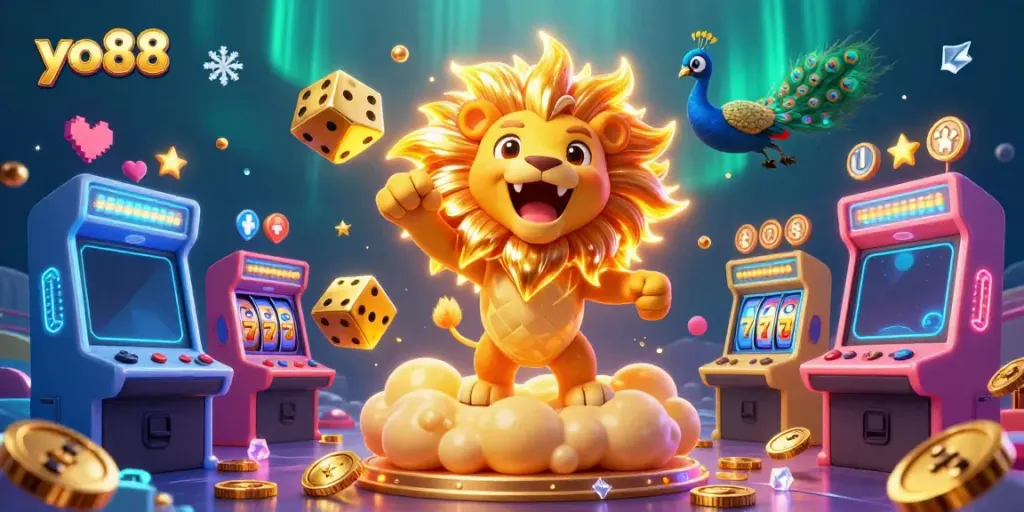 Win big at yo88 with a dynamic casino scene featuring vibrant characters and game elements.