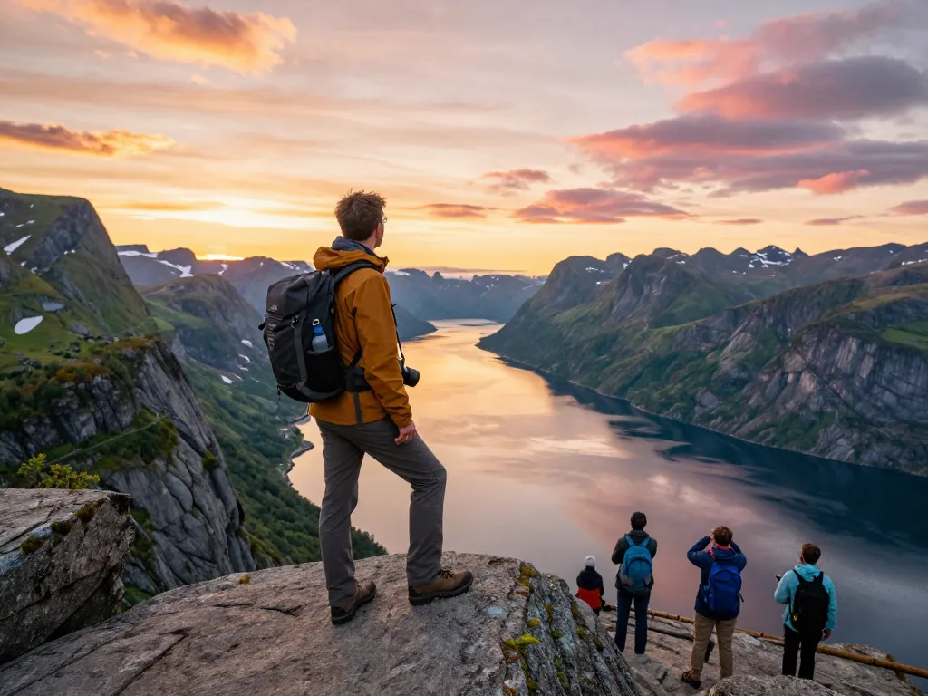 Erleben Sie Urlaub in Skandinavien mit Reisenden, die während des Sonnenuntergangs atemberaubende Fjordblicke in Norwegen genießen.