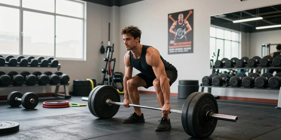 Kraftsportler im Anabolikashop beim Deadlift-Training, umgeben von Fitnessgeräten und natürlichem Licht.