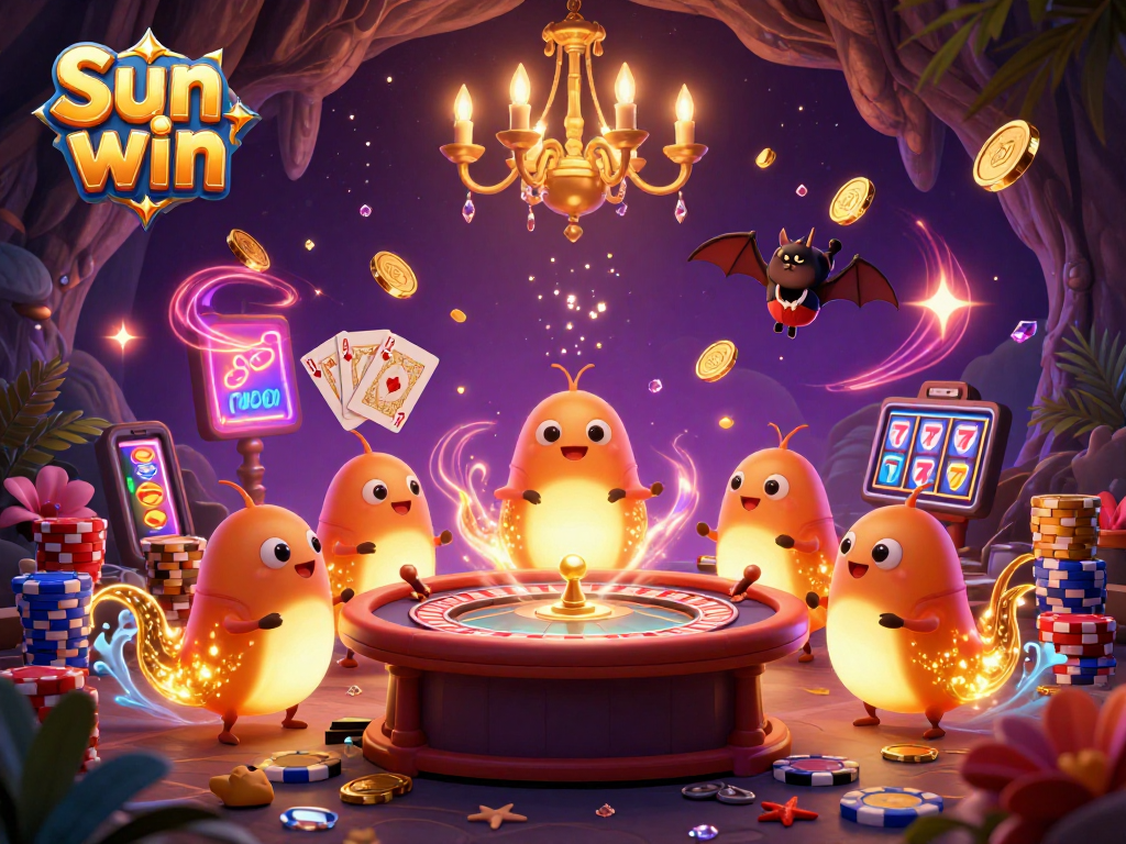 Join the fun at Sun win casino with lively glowworms illuminating a high-energy gaming scene.