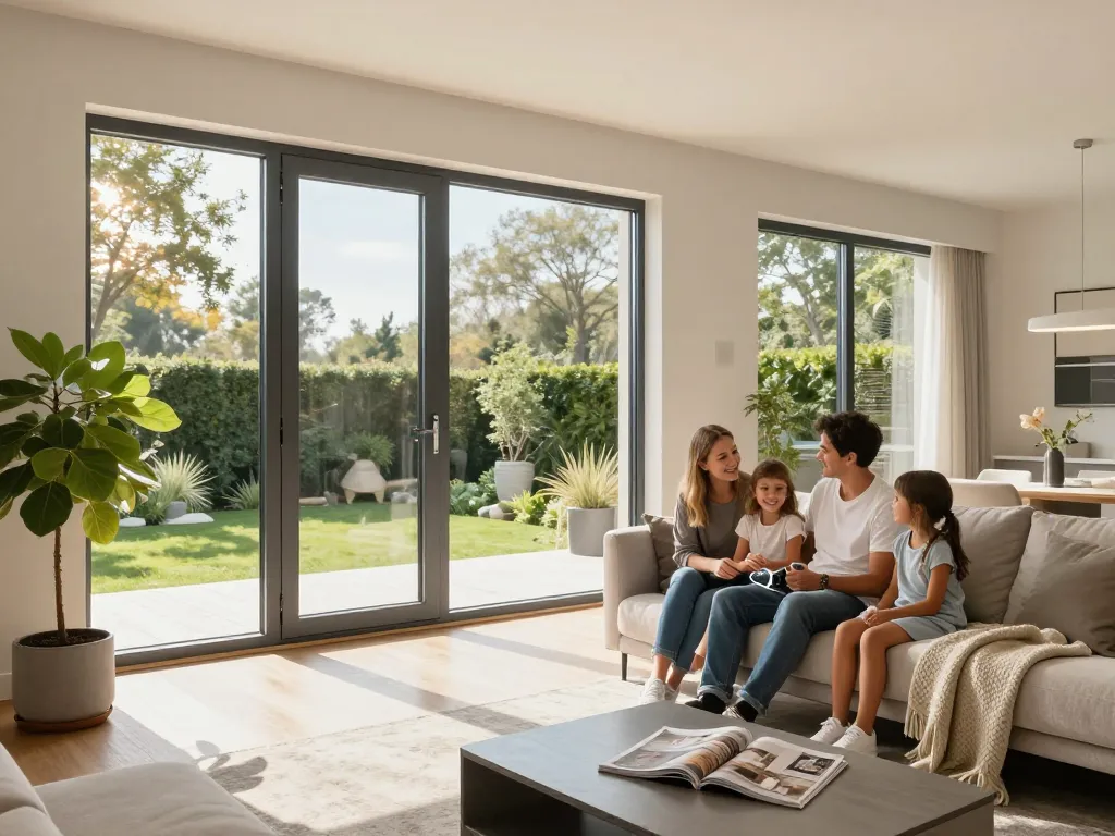 Elegantes Wohnzimmer, das fenster schüco Fenster zeigt, mit einer Familie, die natürliches Licht und modernes Design genießt.