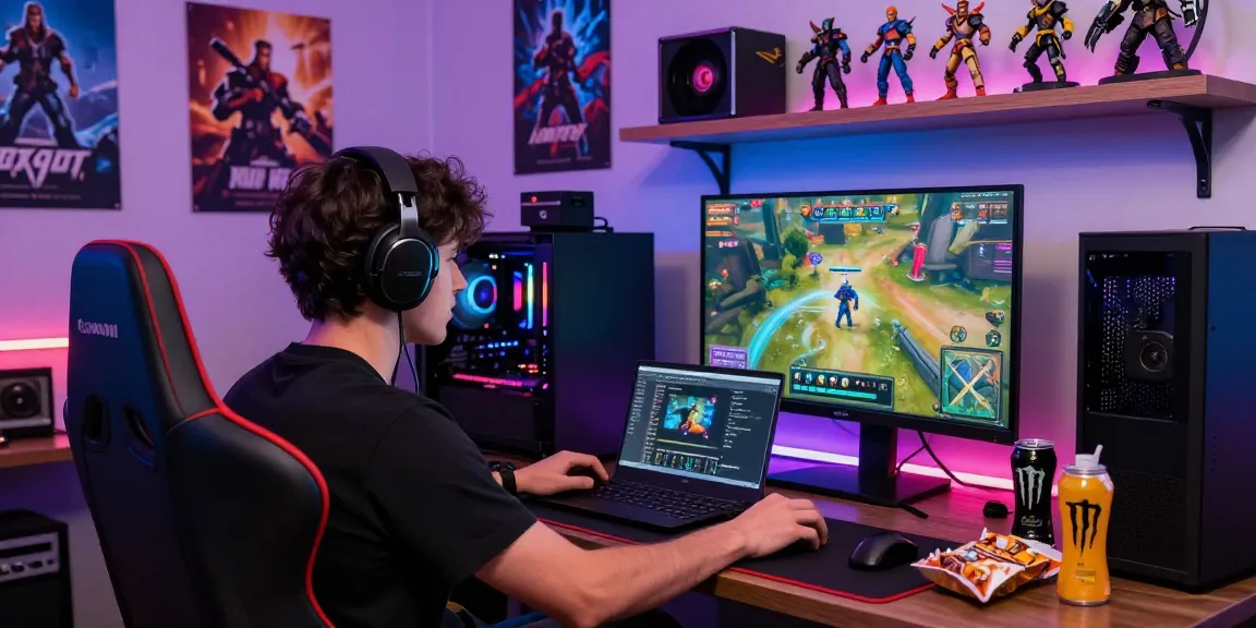 MMOO gamer in immersive setup showcasing vibrant gaming culture with LED lights and character customization.