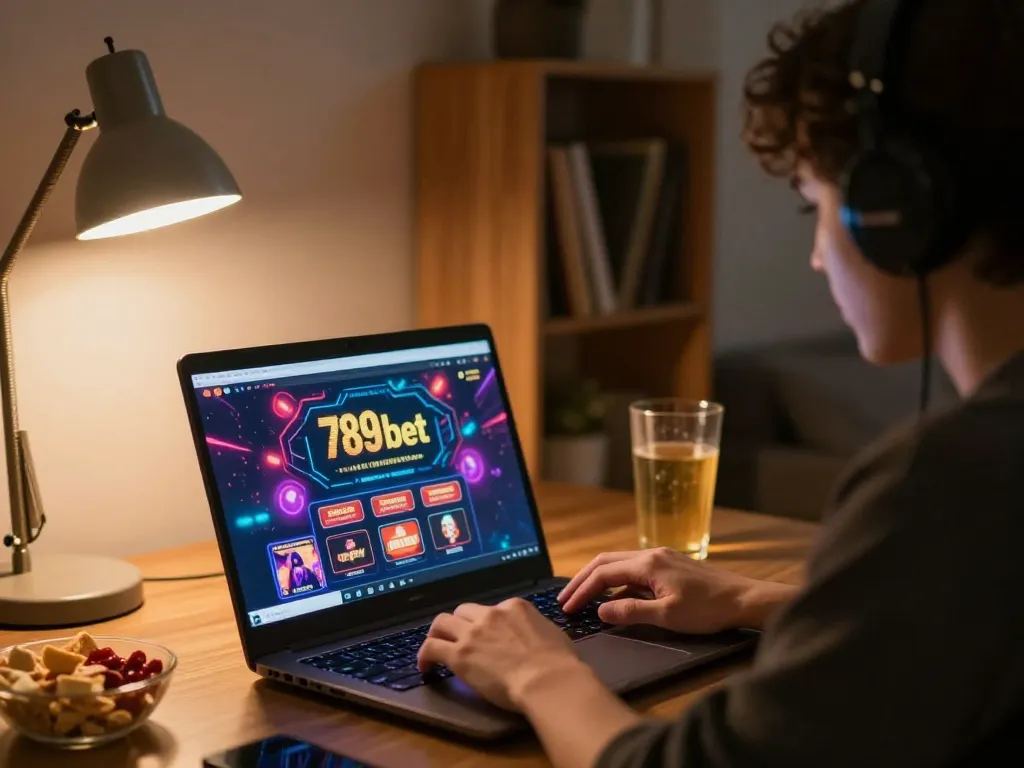 Engaged player exploring 789bet online casino interface from home gaming setup.