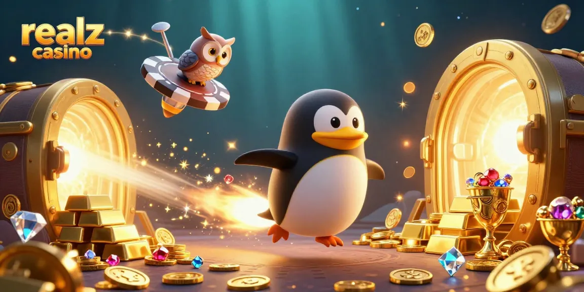 Experience realz casino action as a golden penguin blasts through space towards a vibrant poker chip casino.