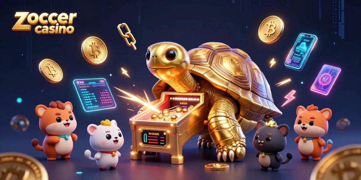 Play at zoccer casino with a vibrant scene featuring a golden tortoise pinball machine and crypto elements.