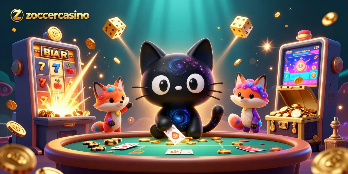 Engage in thrilling gameplay at zoccercasino with a vibrant 3D cosmic illustration showcasing a playful black hole cat and colorful fox amidst jackpot-winning elements.