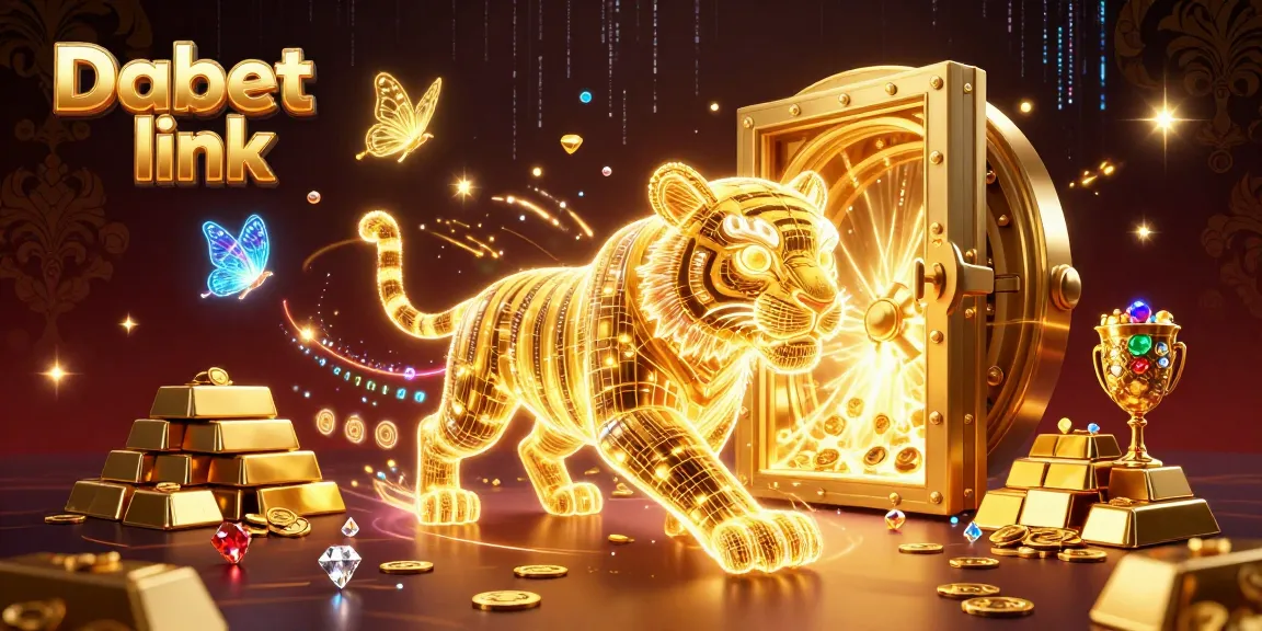 Dabet link visualization of an energetic golden tiger in a dynamic casino, surrounded by treasures and neon effects.