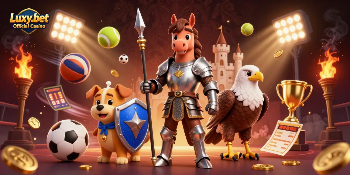 Experience thrilling action with Luxy.bet Official Casino's vibrant sports betting scene, showcasing dynamic characters and sports elements.