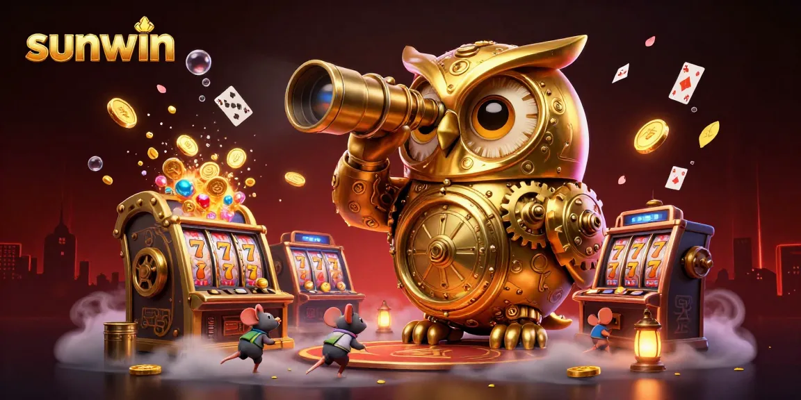 sunwin showcases a cartoon golden owl observing lively slots and patrons in a richly detailed casino floor
