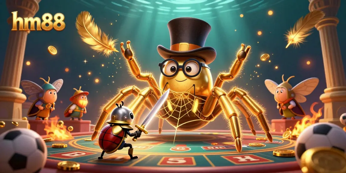 Engaging hm88 sports betting scene with golden tarantula and beetle knight in colorful casino setup.