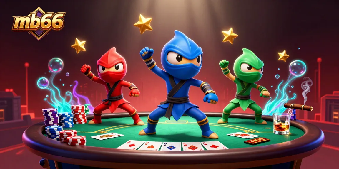 mb66 showcases thrilling poker action with chameleon ninjas celebrating a big win in 2026