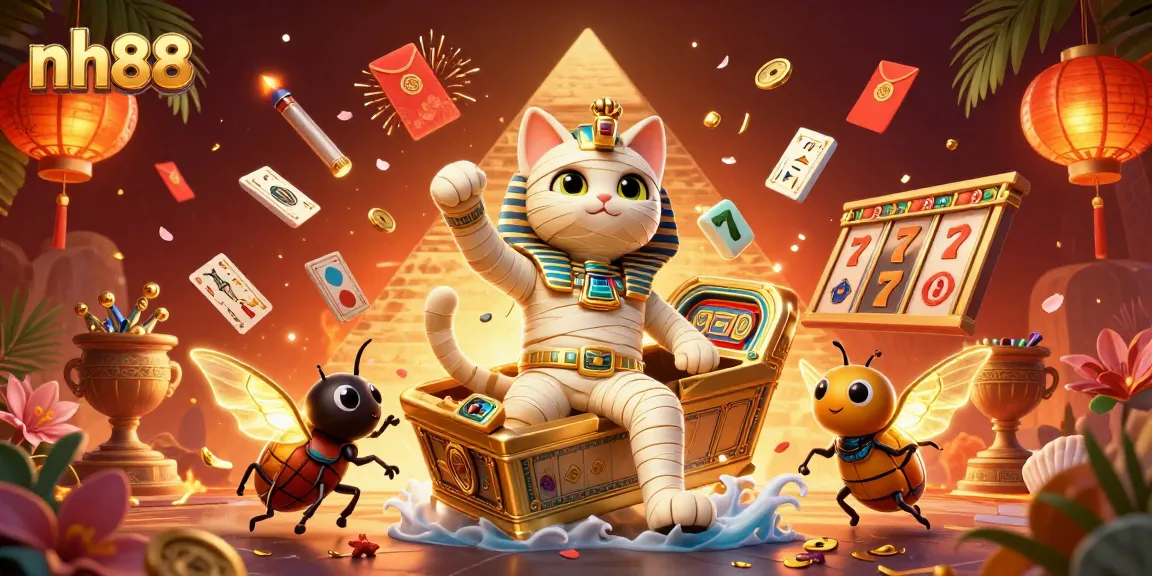 nh88’s exciting jackpot scene with an Egyptian mummy cat and glowing scarab amidst casino elements