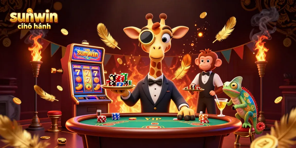 Play exciting games at sunwin chính hãng with giraffe and chameleon serving cocktails at a vibrant casino scene.